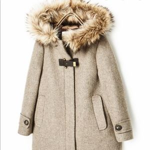 Zara Duffle Wool Coat Faux Fur Hood Brown Jacket